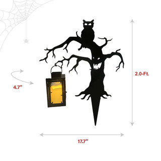 2-Ft. LED Metal Spooky Tree with Owl & Lantern for Indoors & Covered Outdoors, Plug Operated