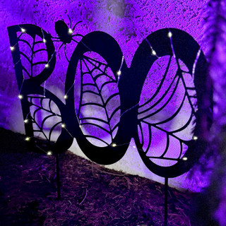 2.3-Ft. LED Metal “Boo” Decoration with Stake for Indoors & Covered Outdoors, Battery Operated (2 AA)