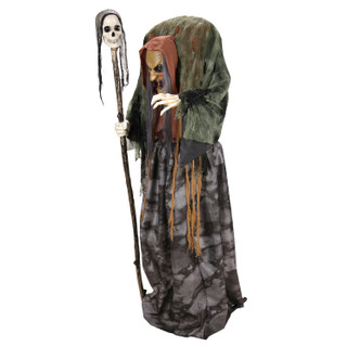 5.6-Ft.Standing Animated Hunchback Witch with Skull-Topped Staff Animatronic