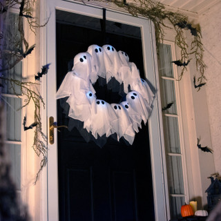 2-Ft. Lighted Black & White Ghost Wreath for Indoors & Covered Outdoors, Battery Operated (3 AA)