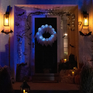 2-Ft. Lighted Black & White Ghost Wreath for Indoors & Covered Outdoors, Battery Operated (3 AA)