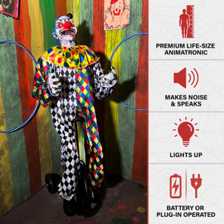 5.9-Ft. Voice & Sound-Sensor Clown on Tricycle Halloween Animatronic