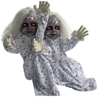 Haunted Hill Farm Groundbreaker Animotronic Zombie Twins with Flashing Red Eyes, 33 inches