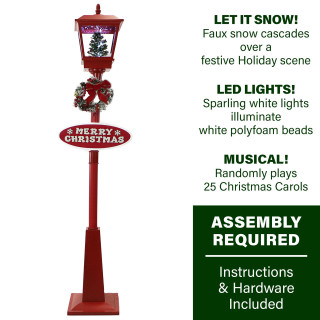  Fraser Hill Farm Let It Snow Series 71-In. Musical Snowy Street Lamp in Red with Christmas Tree Scene and Merry Christmas Sign 