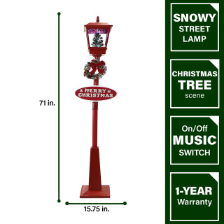 Fraser Hill Farm Let It Snow Series 71-In. Musical Snowy Street Lamp in Red with Christmas Tree Scene and Merry Christmas Sign