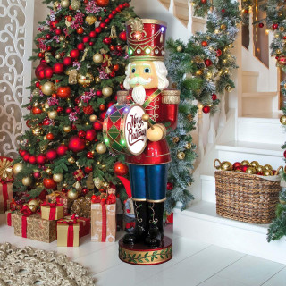  Fraser Hill Farm Indoor/Outdoor Oversized Christmas Decor, 5-Ft. Nutcracker Playing Bass Drum w/ Moving Hands, Music, Timer, and 15 LED Lights 