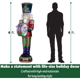  Fraser Hill Farm Indoor/Outdoor Oversized Christmas Decor, 6-Ft. Nutcracker Playing Bass Drum w/ Moving Hands, Music, Timer, and 32 LED Lights 