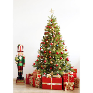 Fraser Hill Farm 4-Ft Life-Size Candy-Look Nutcracker Greeter Holding Tree in Green, Indoor or Outdoor