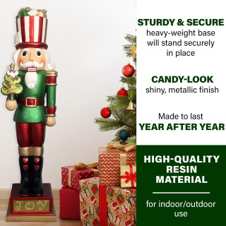 Fraser Hill Farm 4-Ft Life-Size Candy-Look Nutcracker Greeter Holding Tree in Green, Indoor or Outdoor