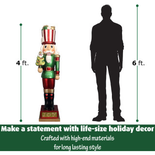 Fraser Hill Farm 4-Ft Life-Size Candy-Look Nutcracker Greeter Holding Tree in Green, Indoor or Outdoor