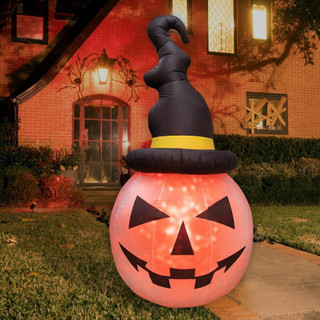 Haunted Hill Farm 10-ft Halloween Inflatable Pumpkin with Black Hat and Fire Lights