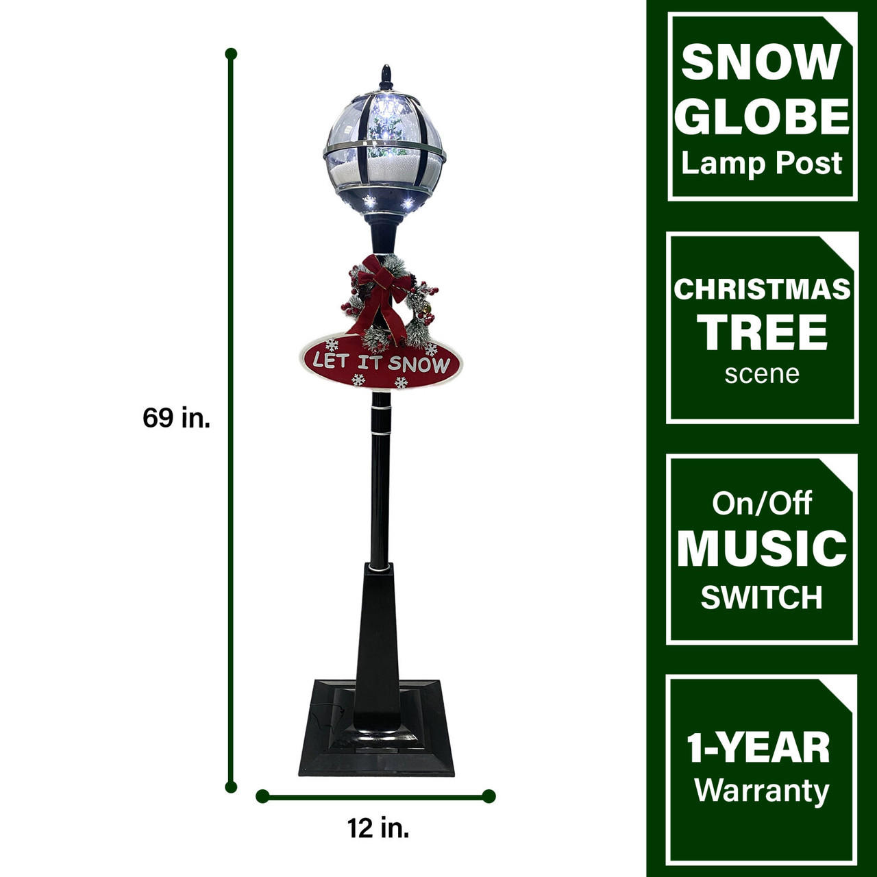 Fraser Hill Farm Let It Snow Series 69-In. Musical Snow Globe Lamp Post  with Tree Scene, 2 Signs, Cascading Snow, and Christmas Carols, Black