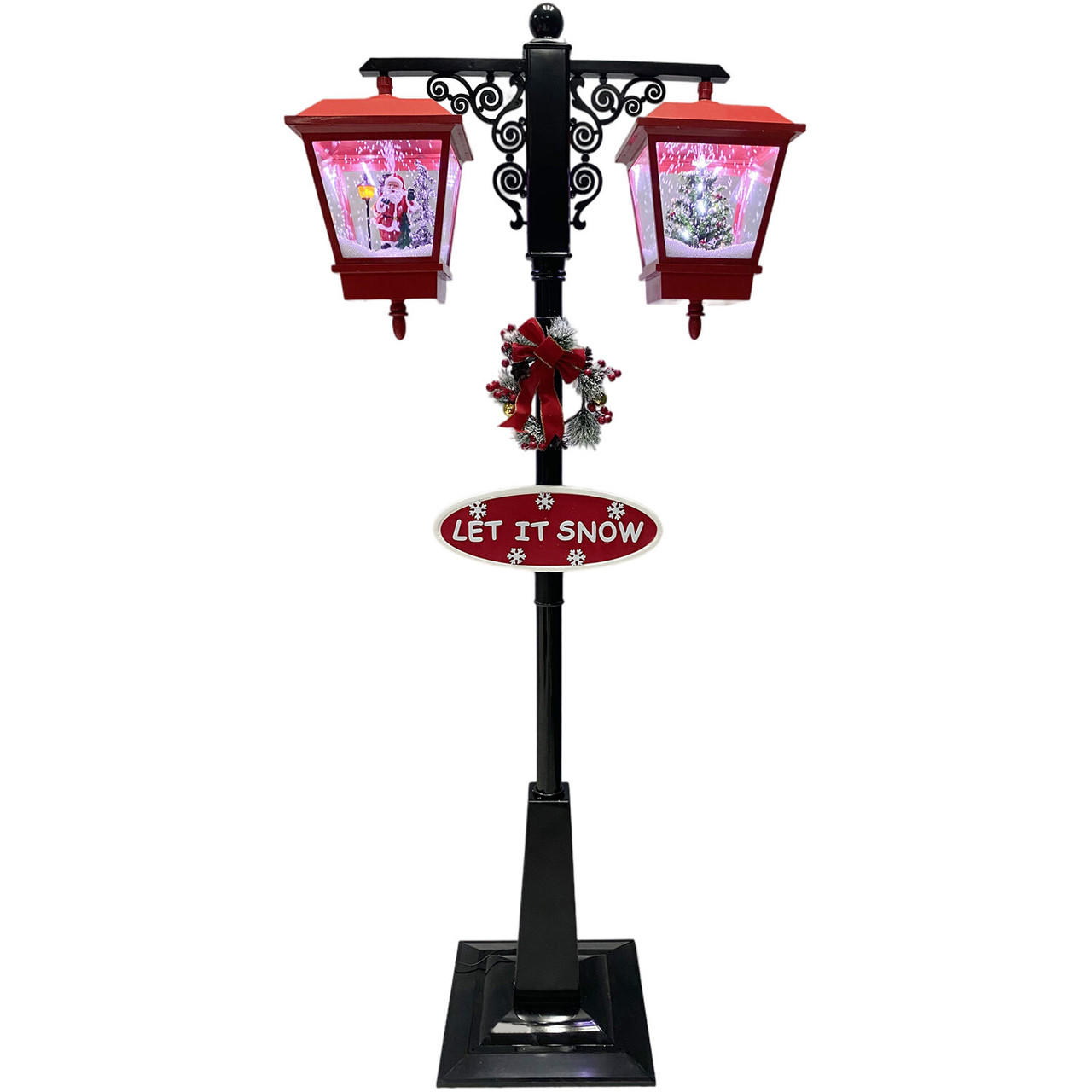 Fraser Hill Farm Let It Snow Series 74-In. Double Lantern Street Lamp w/  Santa Claus, Christmas Tree, 1 Sign, Cascading Snow, Music, Red/Black