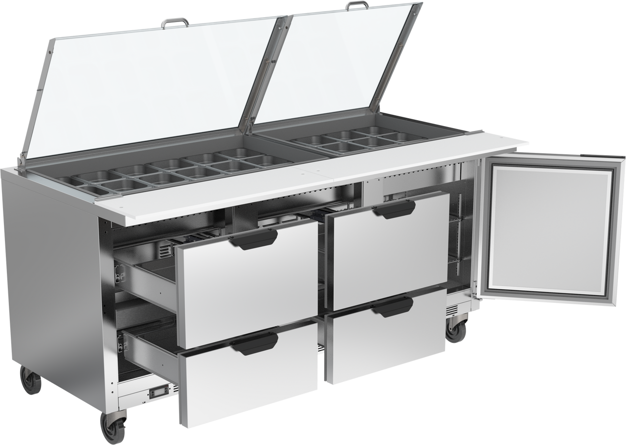 SPED72HC-30M-4-CL | 72" Sandwich Prep Table Four Drawers One Door Mega Top with Clear Lid