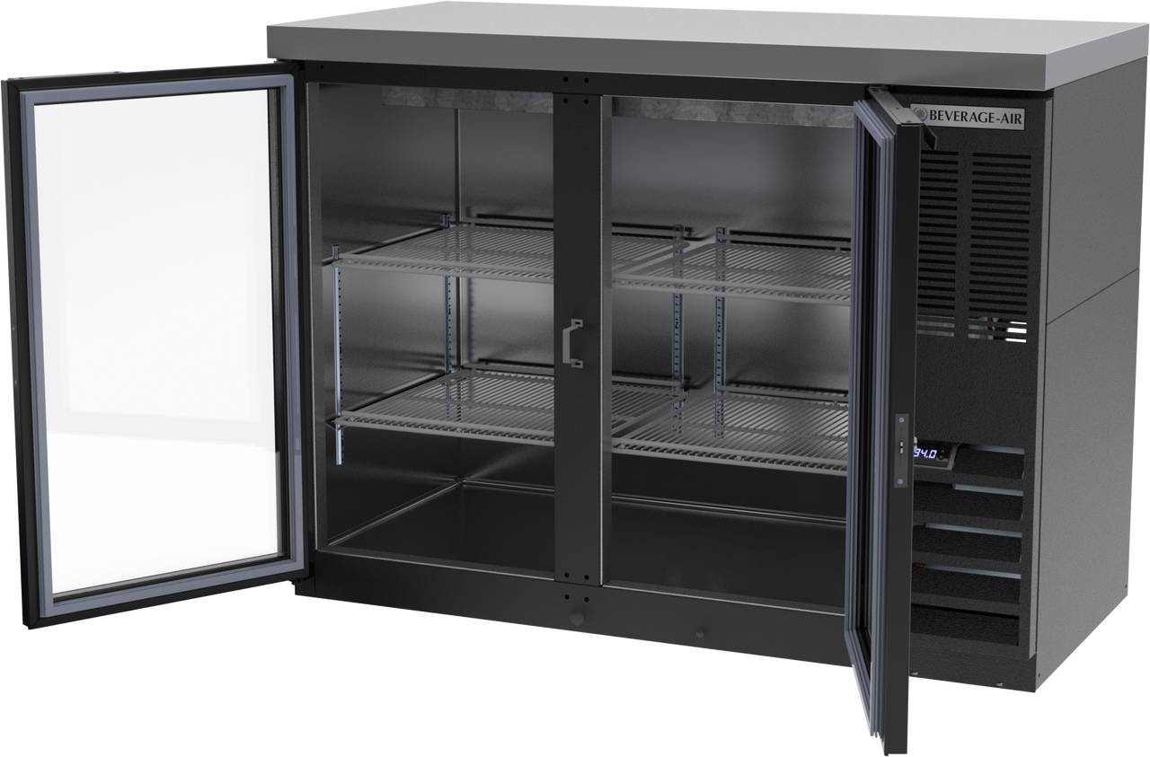 BB48HC-1-FG-B-27 | 48" Glass Doors Food Rated Back Bar in Black with SS Top