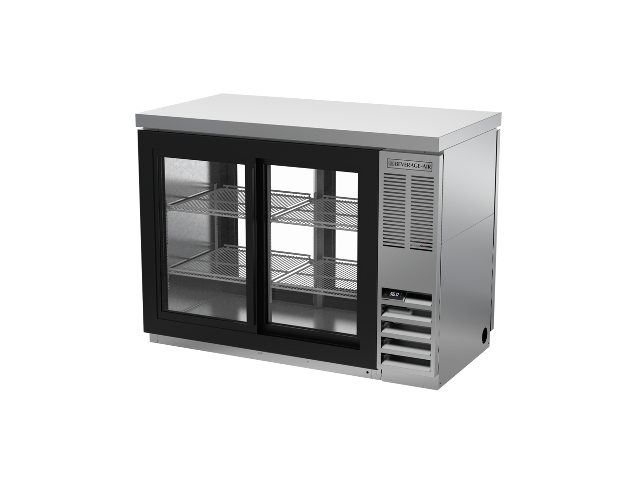 BB48HC-1-GS-F-PT-S-27 | 48" Sliding Glass Doors Food Rated Pass-thru Back Bar in Stainless Steel with SS Top