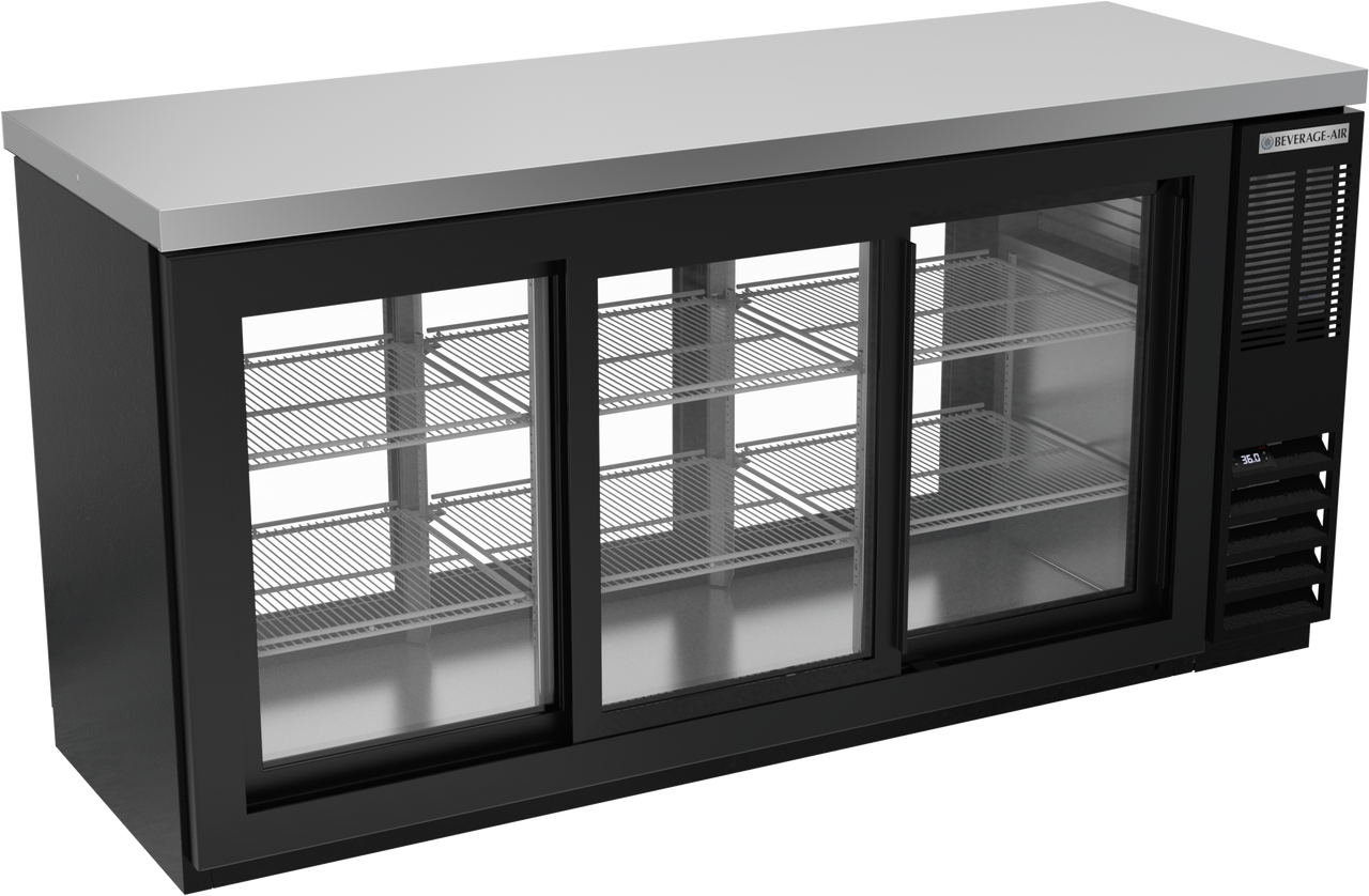 BB72HC-1-GS-PT-B-27 | 72" Sliding Glass Doors Pass-thru Back Bar in Black with SS Top