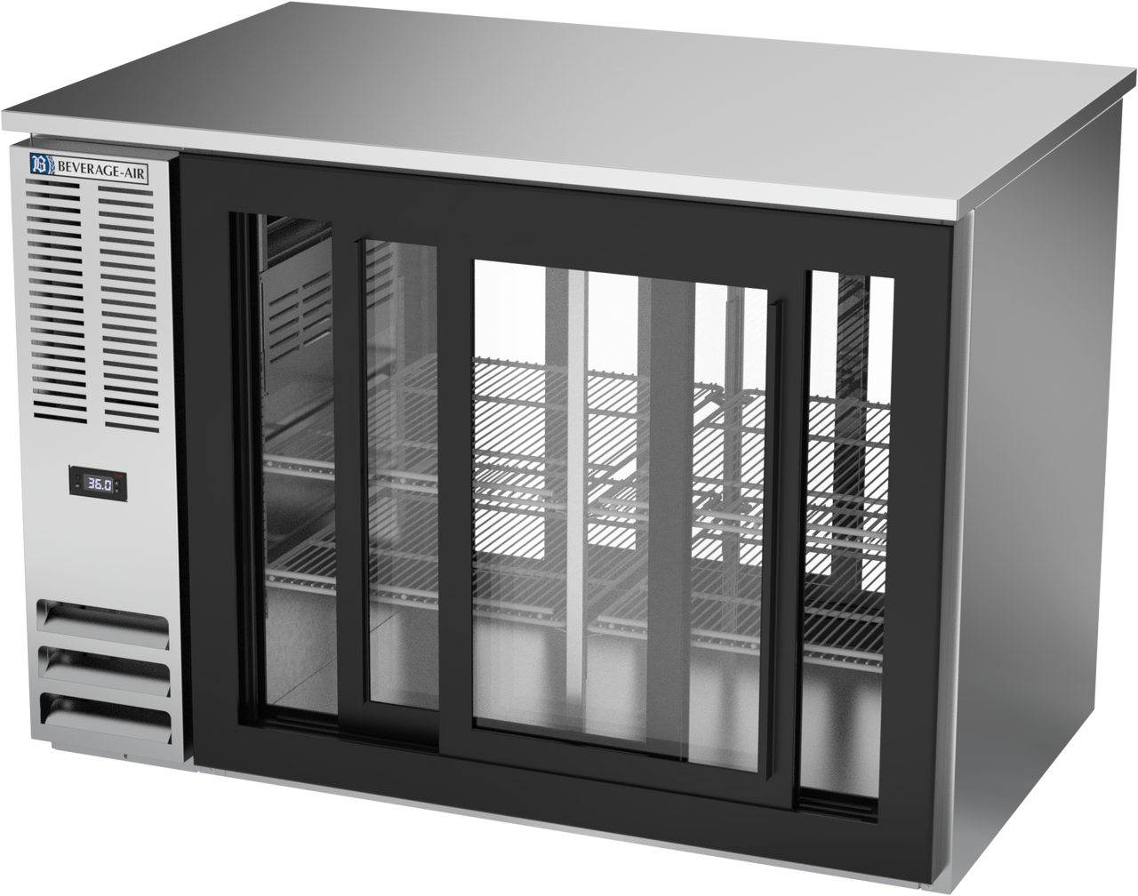 BB48HC-GS-F-PT-S | 48" Sliding Glass Doors Food Rated Pass-thru Back Bar in Stainless Steel