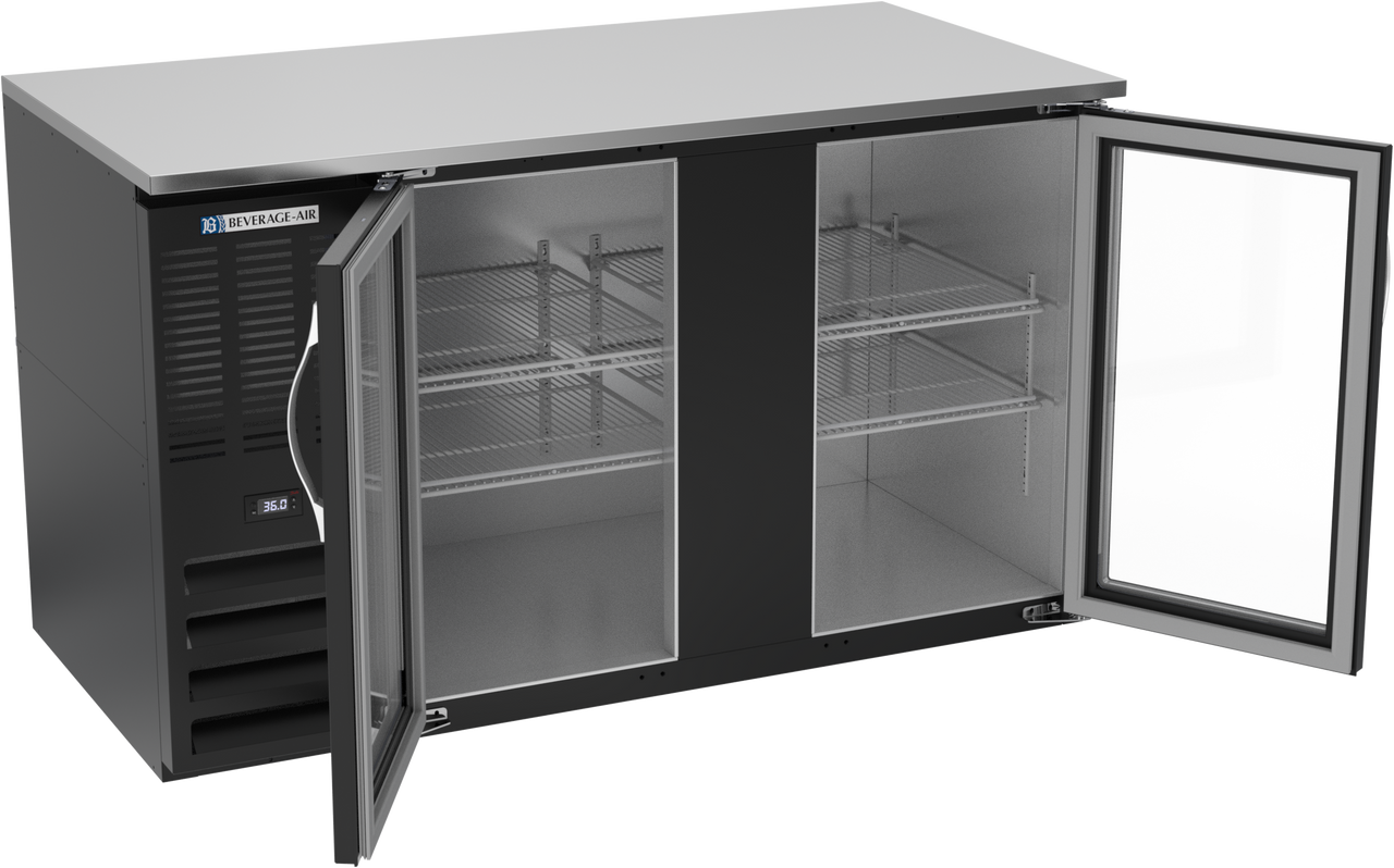 BB58HC-FG-B | 58" Glass Doors Food Rated Back Bar in Black BB58HC-FG-B | 58" Glass Doors Food Rated Back Bar in Black