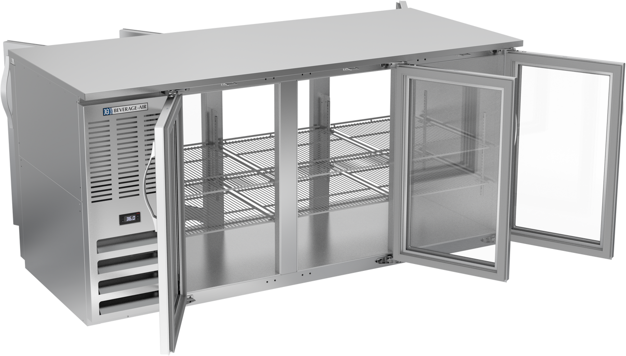 BB72HC-FG-PT-S | 72" Glass Doors Food Rated Pass-thru Back Bar in Stainless Steel