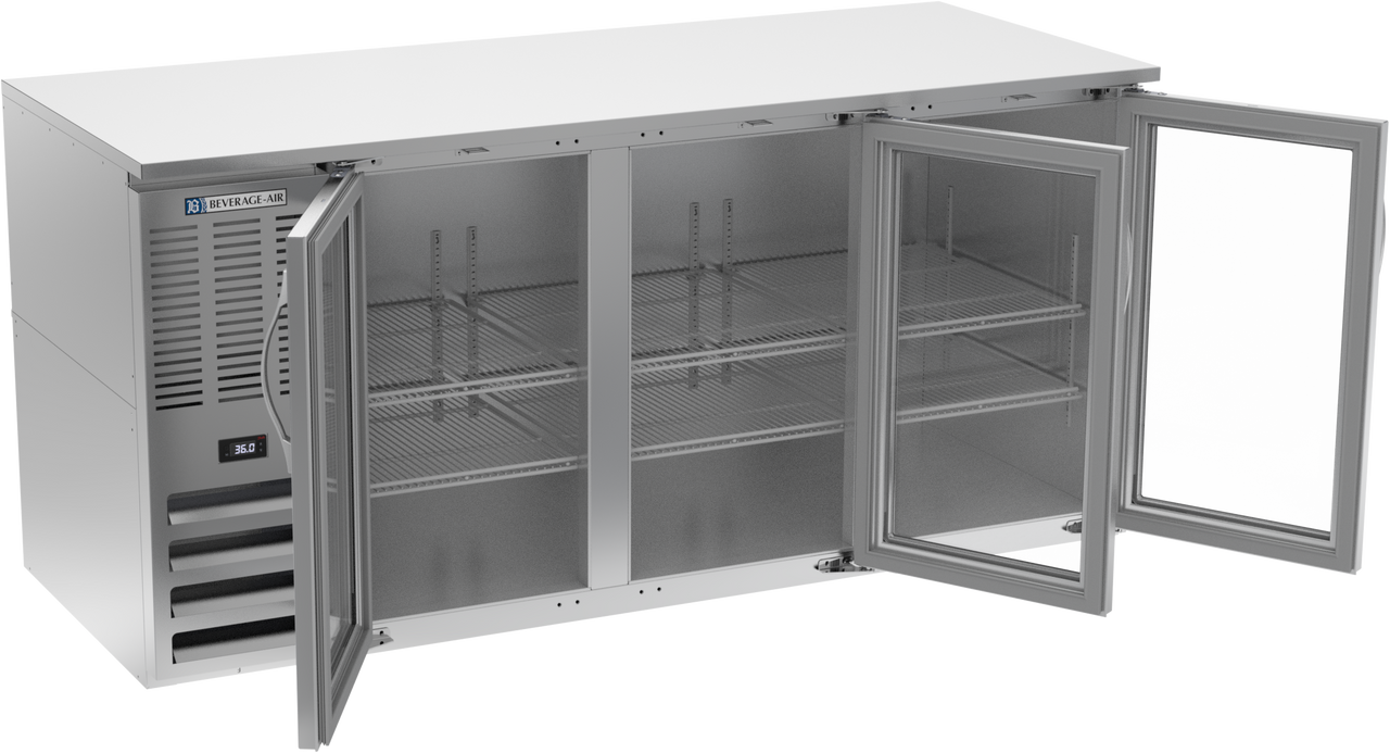BB72HC-FG-S | 72" Glass Doors Food Rated Back Bar in Stainless Steel