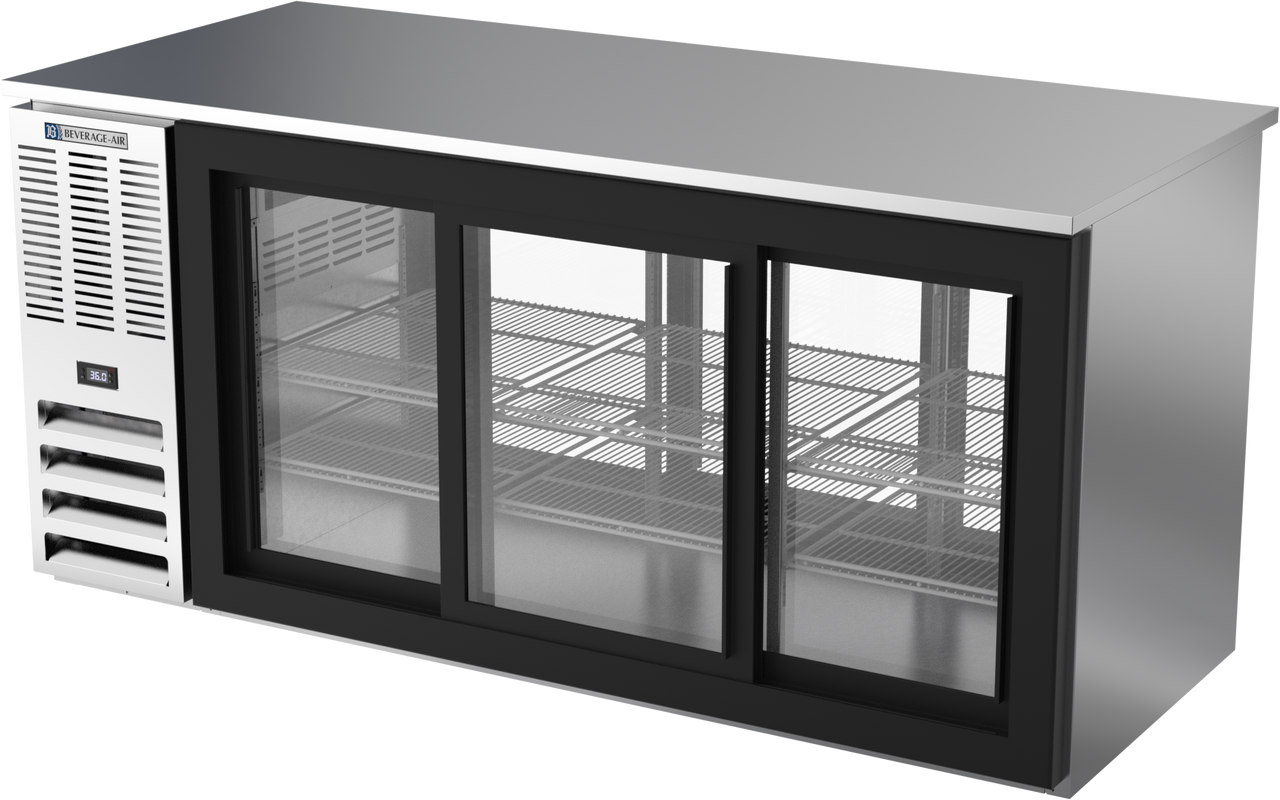 BB72HC-GS-F-PT-S | 72" Sliding Glass Doors Food Rated Pass-thru Back Bar in Stainless Steel