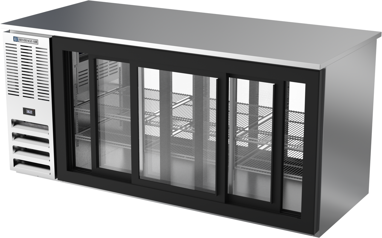 BB72HC-GS-F-PT-S | 72" Sliding Glass Doors Food Rated Pass-thru Back Bar in Stainless Steel