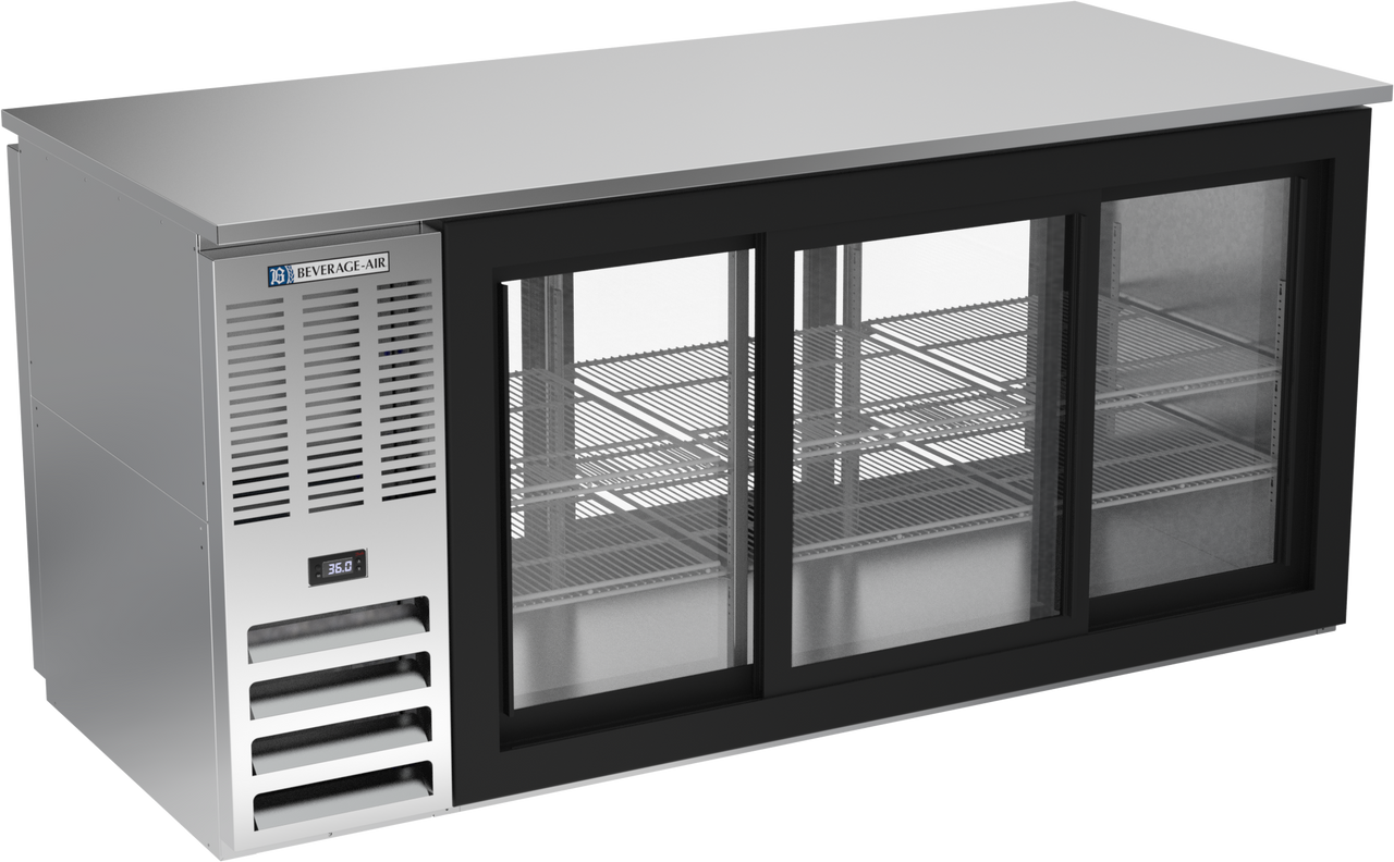 BB72HC-GS-F-PT-S | 72" Sliding Glass Doors Food Rated Pass-thru Back Bar in Stainless Steel