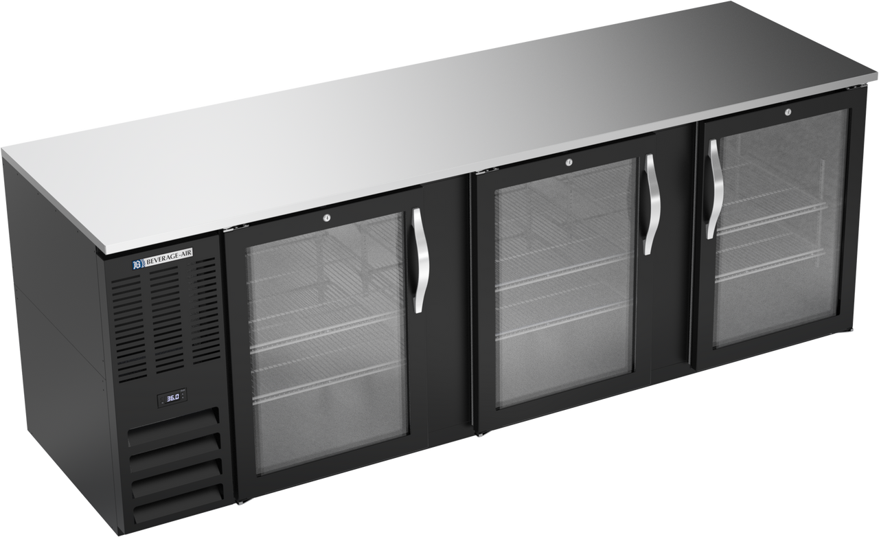 BB94HC-FG-B | 94" Glass Doors Food Rated Back Bar in Black BB94HC-FG-B | 94" Glass Doors Food Rated Back Bar in Black