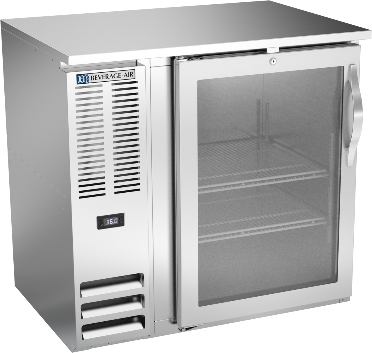 BBN36HC-FG-S | 36" Narrow Depth Glass Door Food Rated Back Bar in Stainless Steel BBN36HC-FG-S | 36" Narrow Depth Glass Door Food Rated Back Bar in Stainless Steel