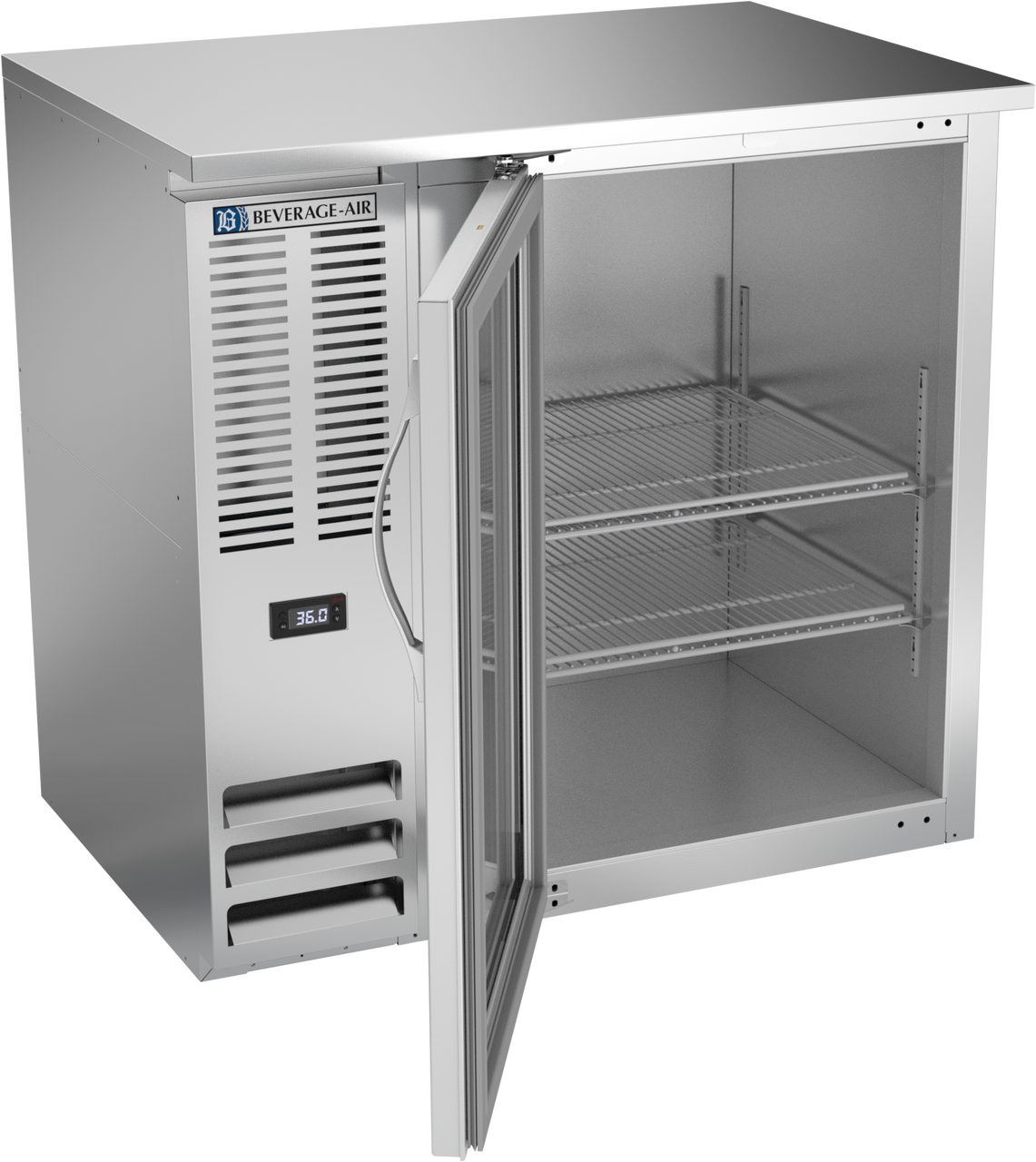 BBN36HC-FG-S | 36" Narrow Depth Glass Door Food Rated Back Bar in Stainless Steel BBN36HC-FG-S | 36" Narrow Depth Glass Door Food Rated Back Bar in Stainless Steel