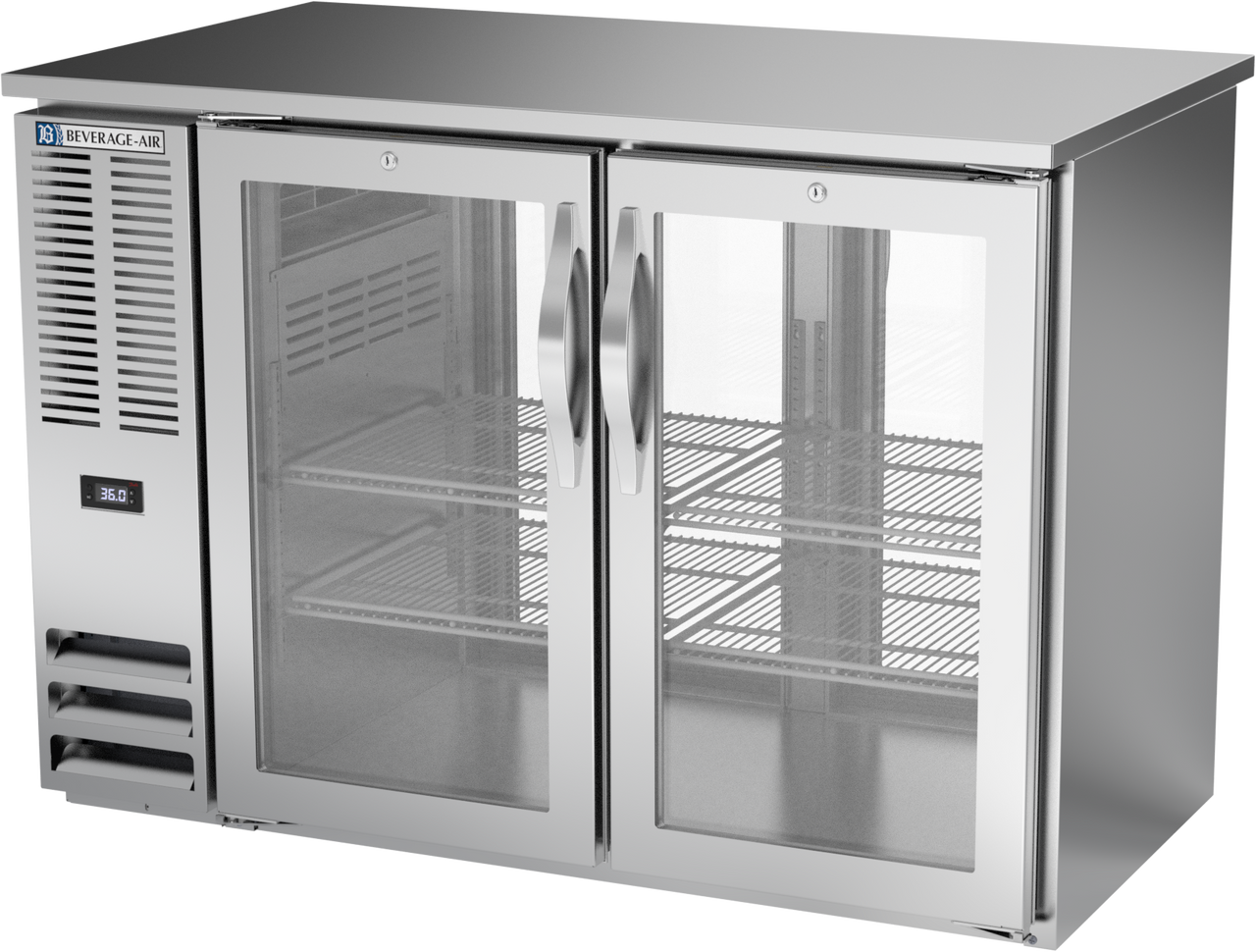 BBN48HC-FG-PT-S | 48" Narrow Depth Glass Doors Food Rated Pass-thru Back Bar in Stainless Steel