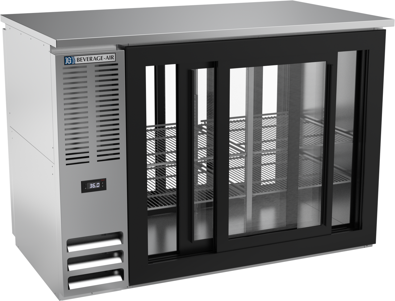 BBN48HC-F-GS-PT-S | 48" Narrow Depth Sliding Glass Doors Pass-thru Back Bar in Stainless Steel BBN48HC-F-GS-PT-S | 48" Narrow Depth Sliding Glass Doors Pass-thru Back Bar in Stainless Steel