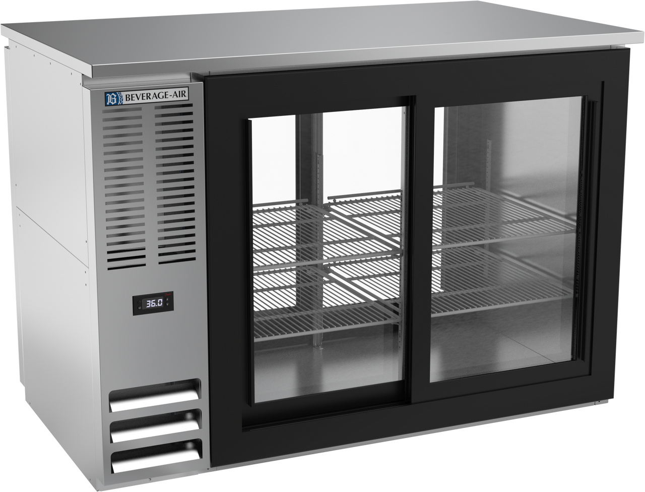 BBN48HC-F-GS-PT-S | 48" Narrow Depth Sliding Glass Doors Pass-thru Back Bar in Stainless Steel