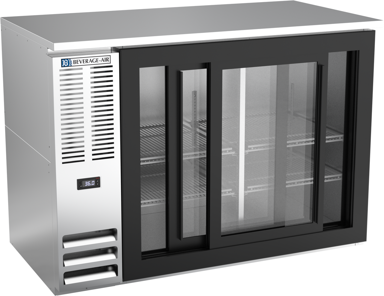 BBN48HC-F-GS-S | 48" Narrow Depth Sliding Glass Doors Food Rated Back Bar in Stainless Steel BBN48HC-F-GS-S | 48" Narrow Depth Sliding Glass Doors Food Rated Back Bar in Stainless Steel