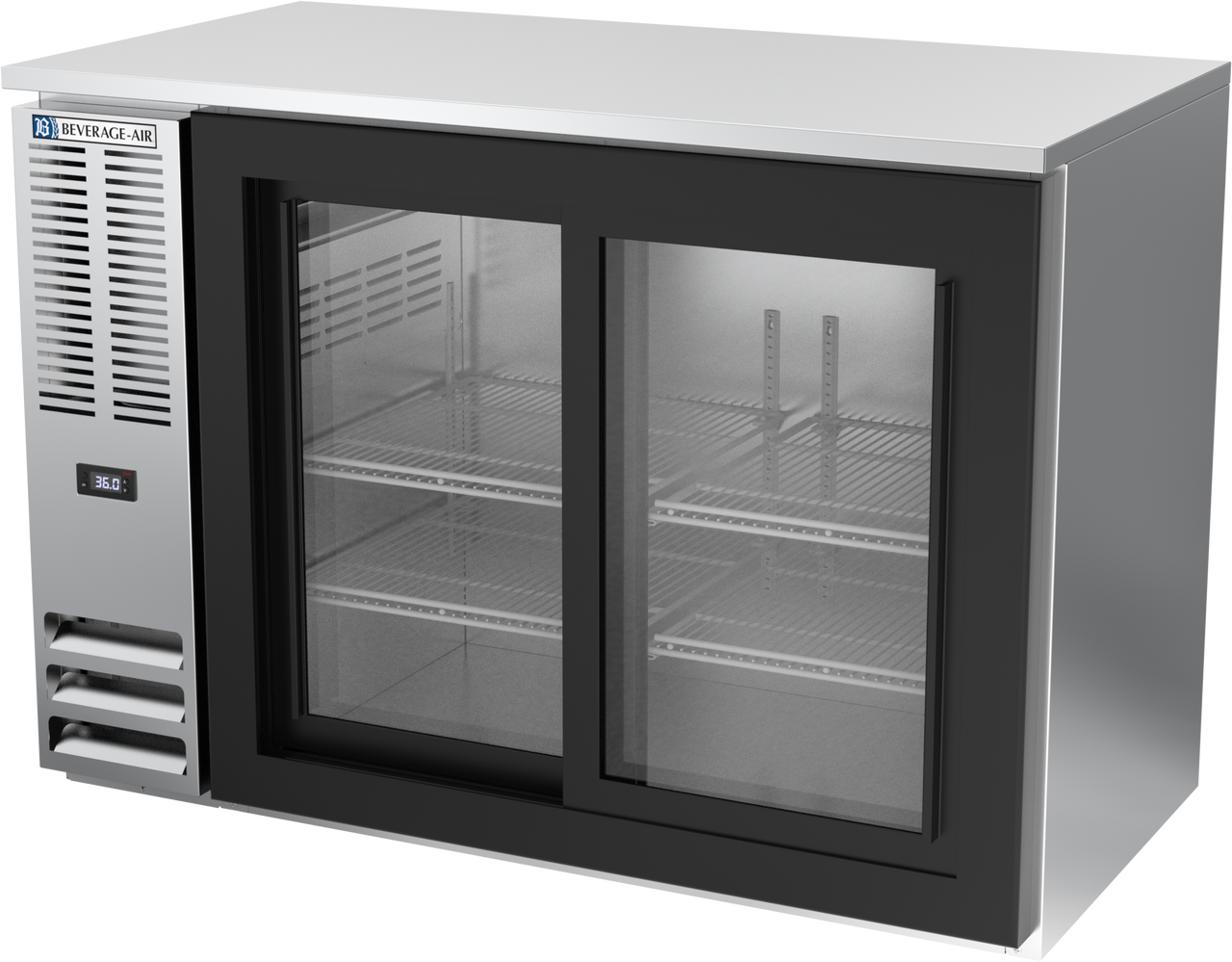 BBN48HC-F-GS-S | 48" Narrow Depth Sliding Glass Doors Food Rated Back Bar in Stainless Steel