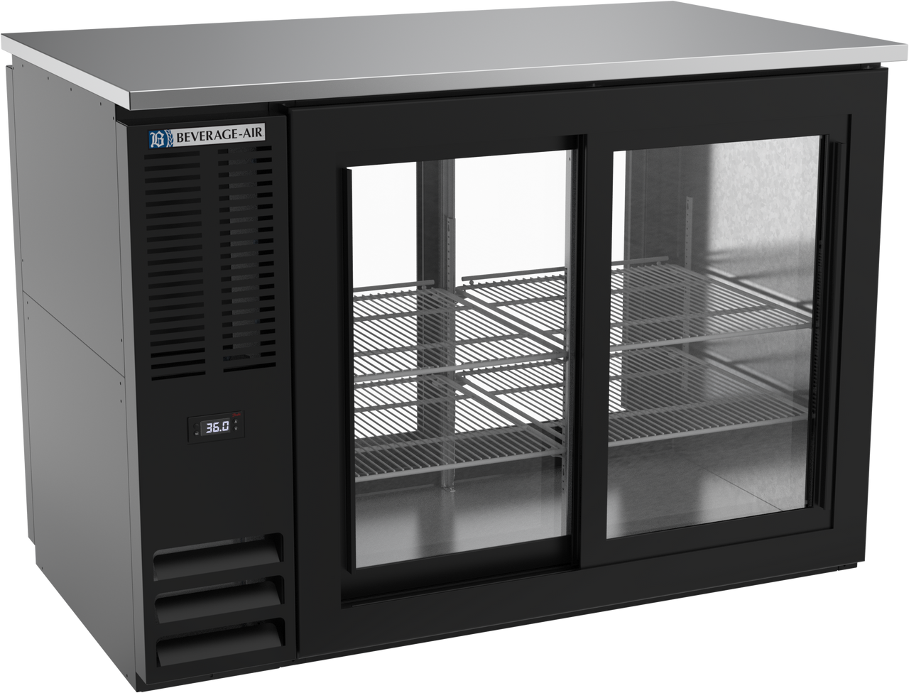 BBN48HC-GS-PT-B | 48" Narrow Depth Sliding Glass Doors Food Rated Pass-thru Back Bar in Black BBN48HC-GS-PT-B | 48" Narrow Depth Sliding Glass Doors Food Rated Pass-thru Back Bar in Black