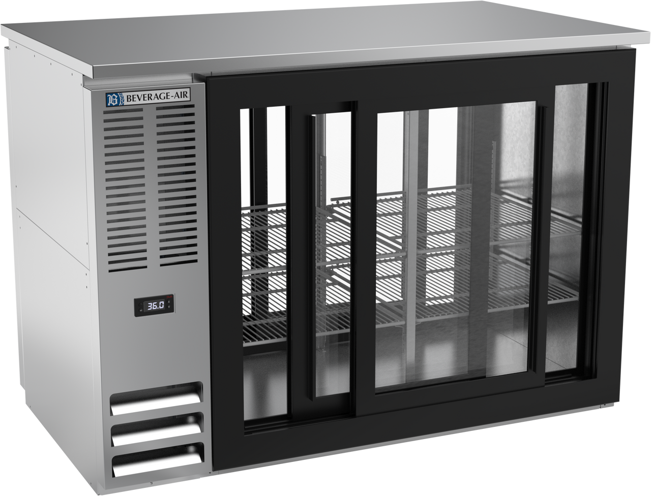 BBN48HC-GS-PT-S | 48" Narrow Depth Sliding Glass Doors Food Rated Pass-thru Back Bar in Stainless Steel BBN48HC-GS-PT-S | 48" Narrow Depth Sliding Glass Doors Food Rated Pass-thru Back Bar in Stainless Steel