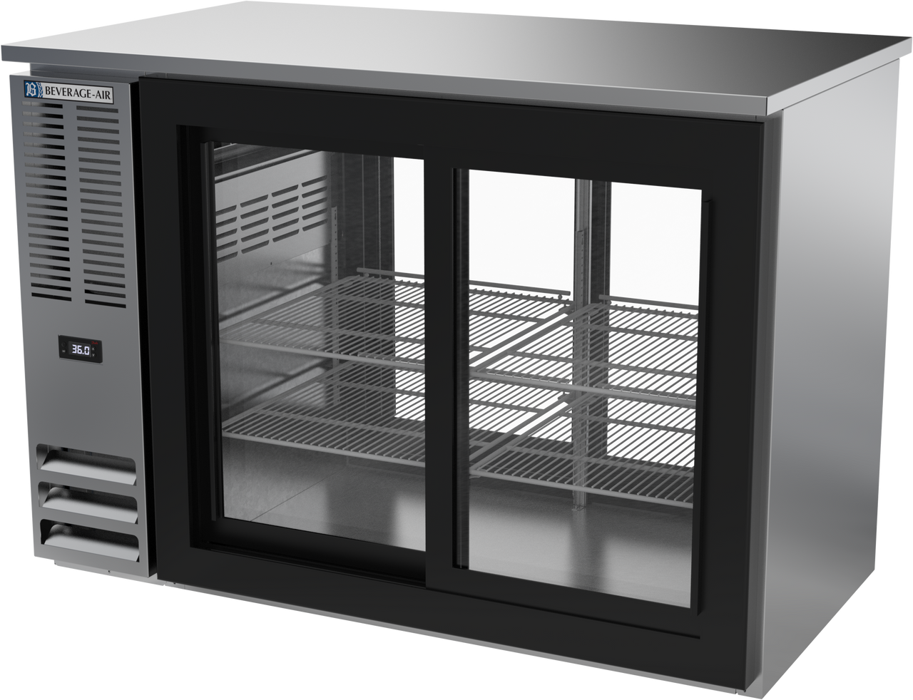 BBN48HC-GS-PT-S | 48" Narrow Depth Sliding Glass Doors Food Rated Pass-thru Back Bar in Stainless Steel BBN48HC-GS-PT-S | 48" Narrow Depth Sliding Glass Doors Food Rated Pass-thru Back Bar in Stainless Steel