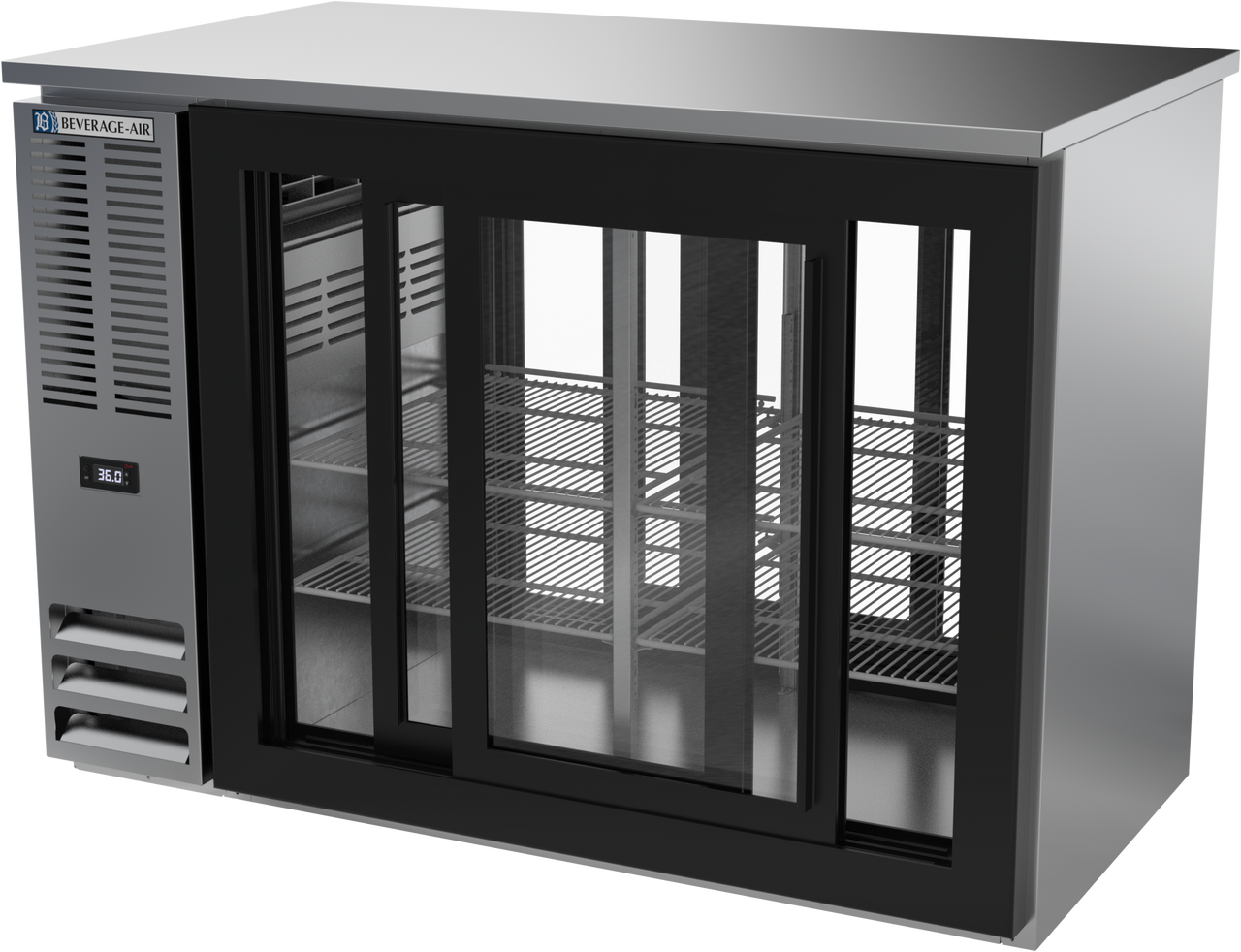 BBN48HC-GS-PT-S | 48" Narrow Depth Sliding Glass Doors Food Rated Pass-thru Back Bar in Stainless Steel BBN48HC-GS-PT-S | 48" Narrow Depth Sliding Glass Doors Food Rated Pass-thru Back Bar in Stainless Steel