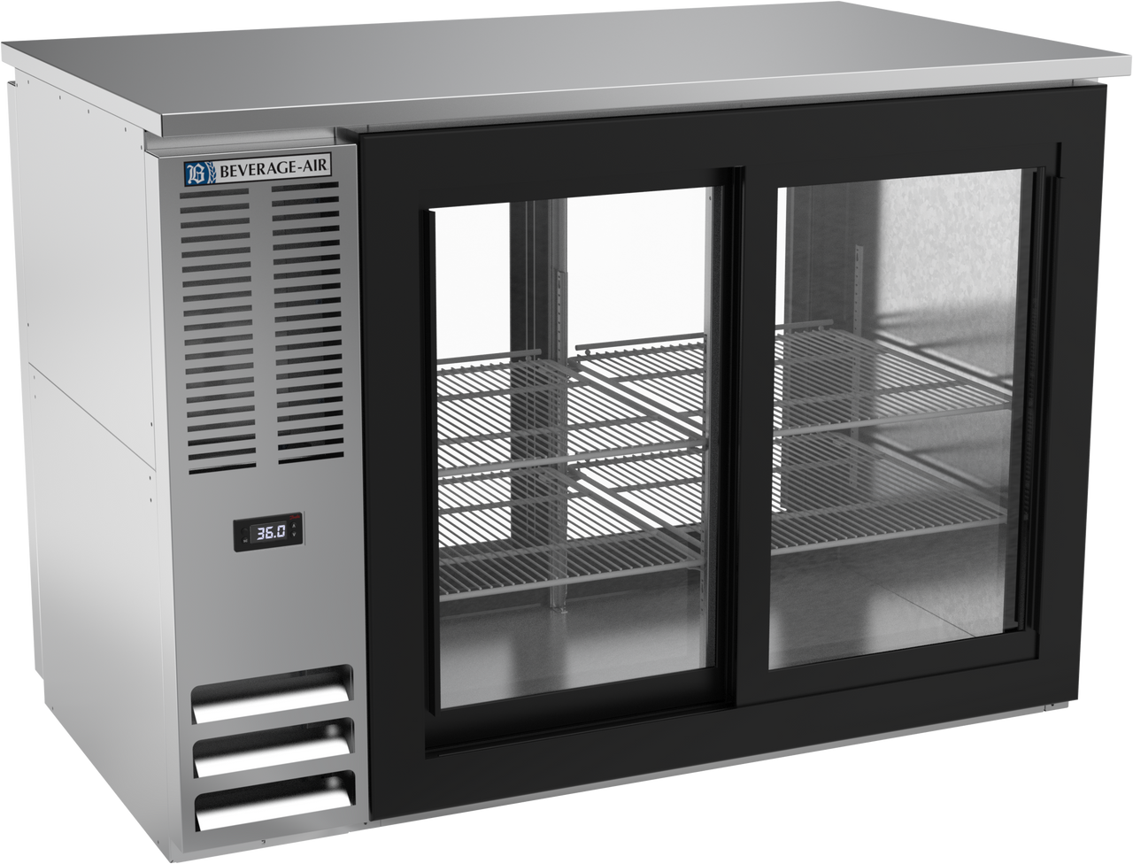 BBN48HC-GS-PT-S | 48" Narrow Depth Sliding Glass Doors Food Rated Pass-thru Back Bar in Stainless Steel