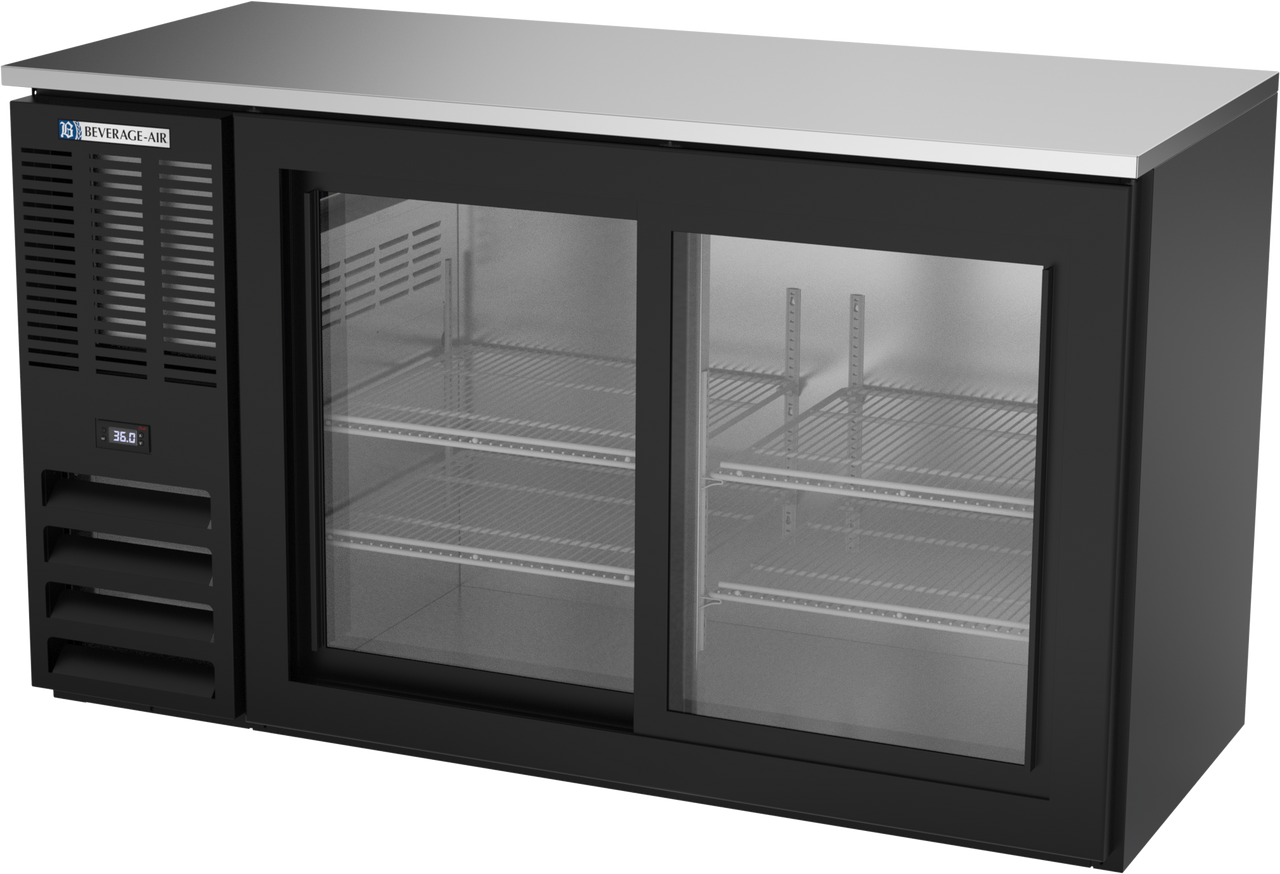 BBN58HC-F-GS-B | 58" Narrow Depth Sliding Glass Doors Food Rated Back Bar in Black BBN58HC-F-GS-B | 58" Narrow Depth Sliding Glass Doors Food Rated Back Bar in Black
