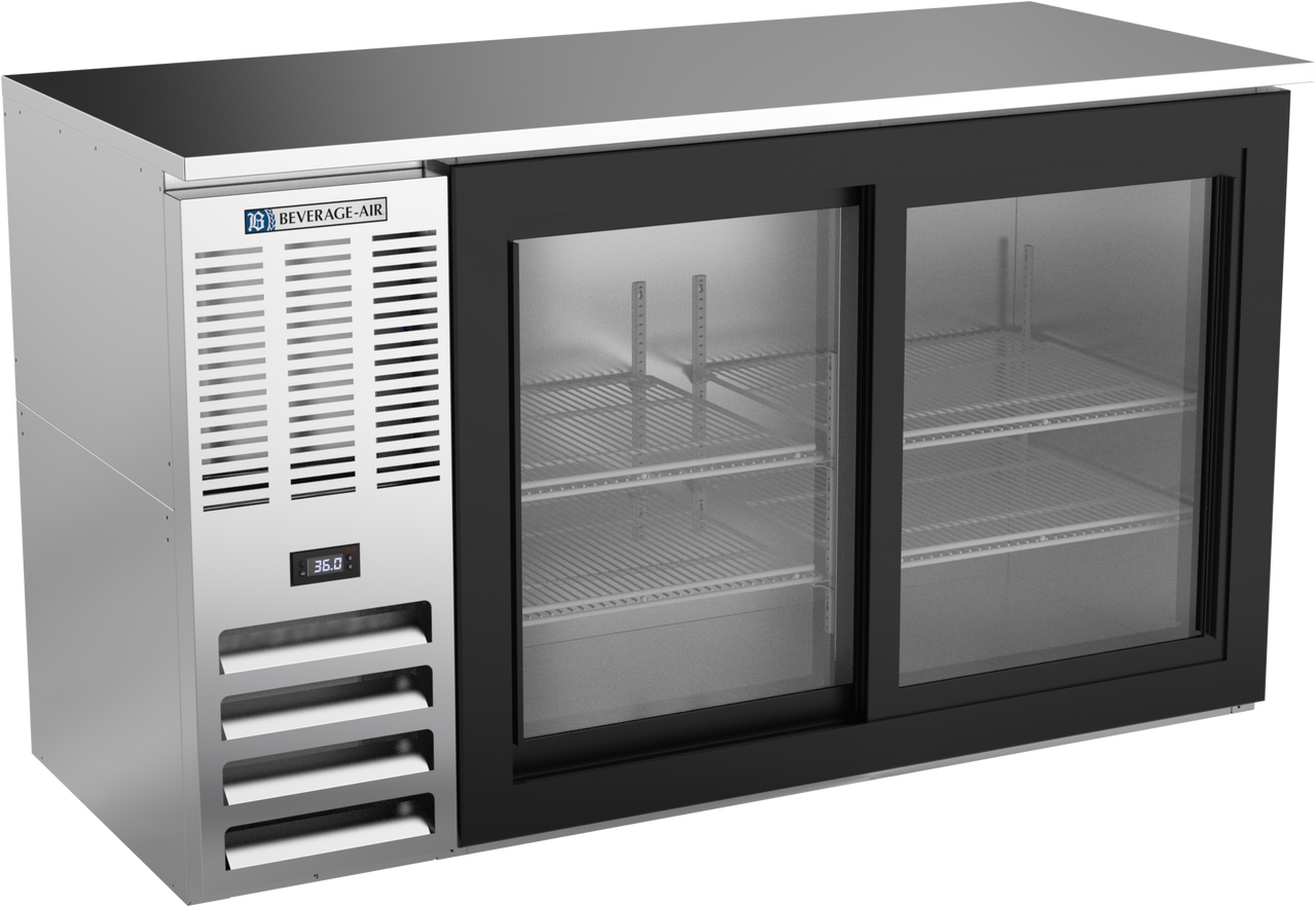 BBN58HC-F-GS-S | 58" Narrow Depth Sliding Glass Doors Food Rated Back Bar in Stainless Steel