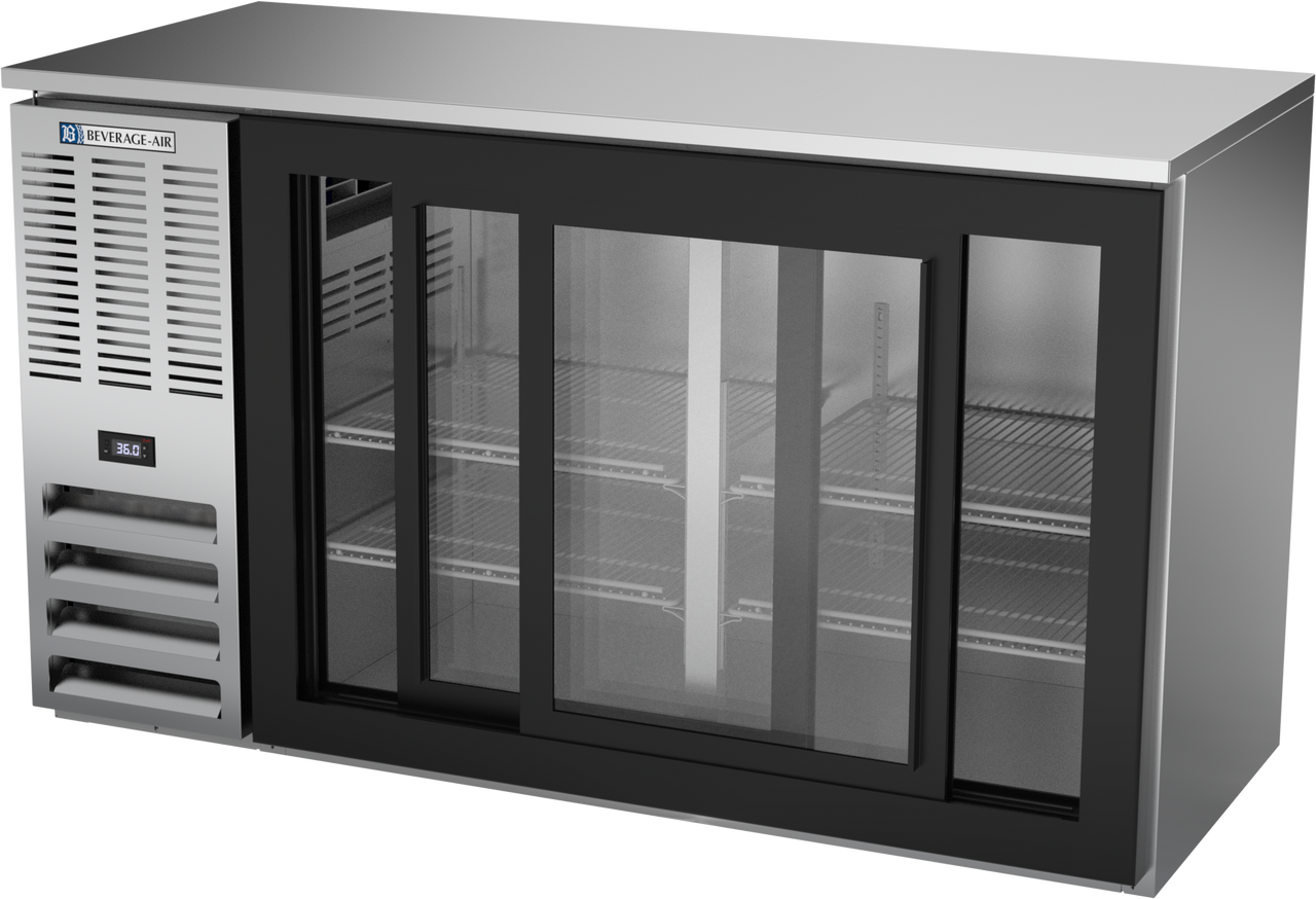 BBN58HC-F-GS-S | 58" Narrow Depth Sliding Glass Doors Food Rated Back Bar in Stainless Steel