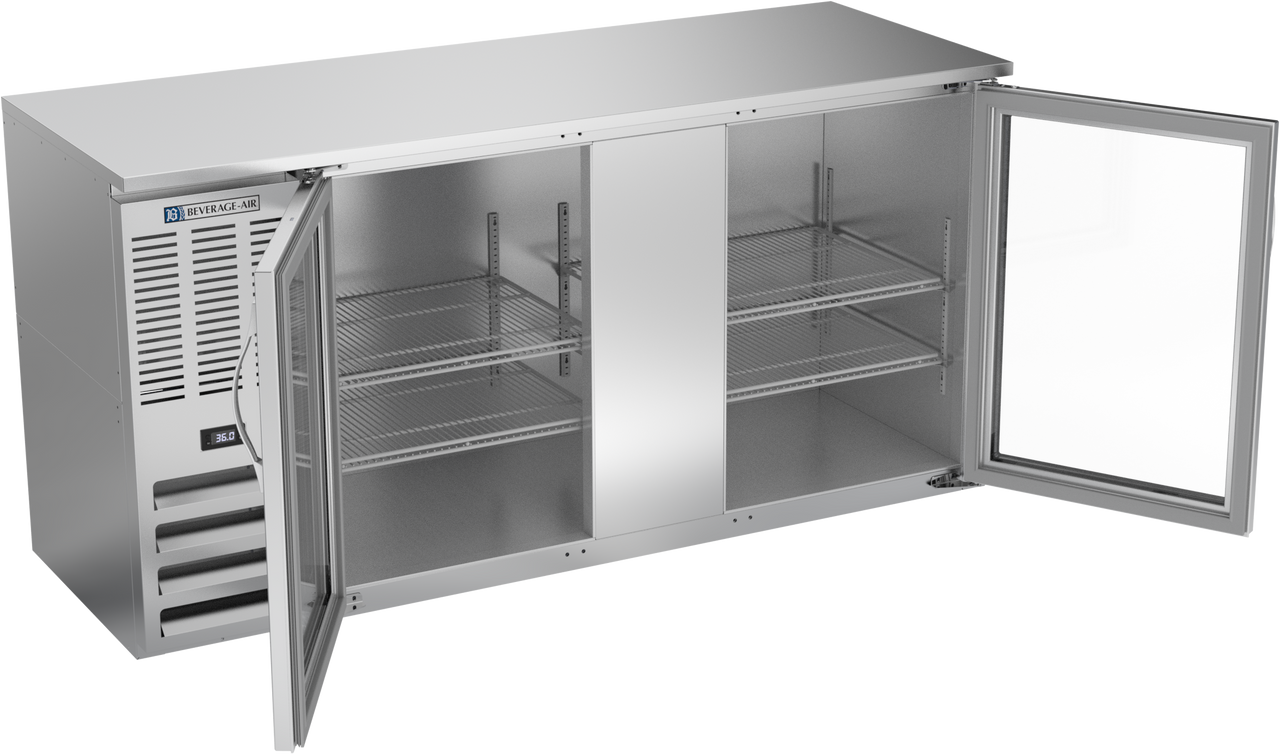 BBN68HC-FG-S | 68" Narrow Depth Glass Doors Food Rated Back Bar in Stainless Steel