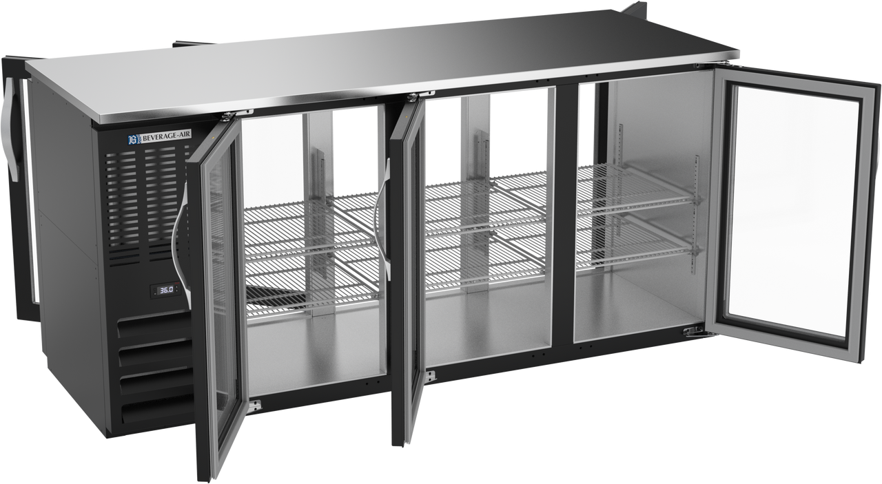 BBN72HC-FG-PT-B | 72" Narrow Depth Glass Doors Food Rated Pass-thru Back Bar in Black BBN72HC-FG-PT-B | 72" Narrow Depth Glass Doors Food Rated Pass-thru Back Bar in Black
