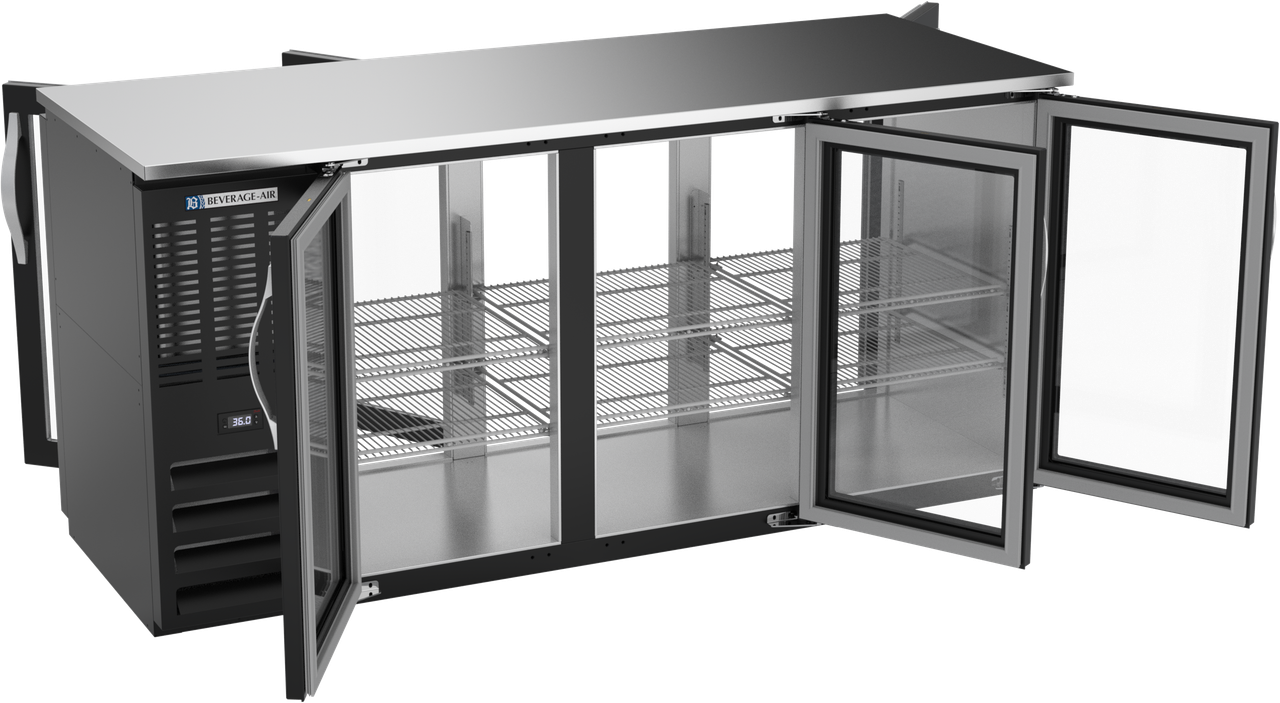 BBN72HC-FG-PT-B | 72" Narrow Depth Glass Doors Food Rated Pass-thru Back Bar in Black