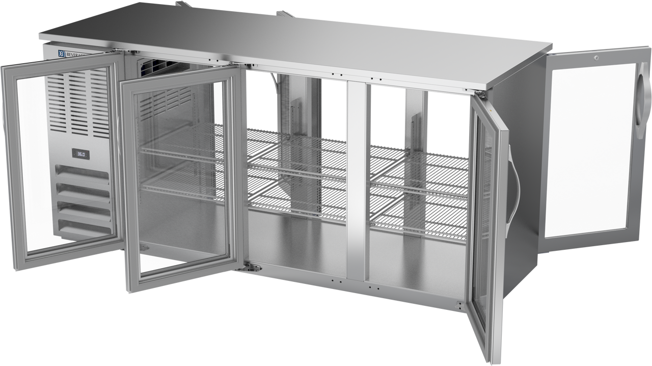 BBN72HC-FG-PT-S | 72" Narrow Depth Glass Doors Food Rated Pass-thru Back Bar in Stainless Steel BBN72HC-FG-PT-S | 72" Narrow Depth Glass Doors Food Rated Pass-thru Back Bar in Stainless Steel