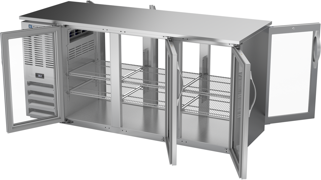 BBN72HC-FG-PT-S | 72" Narrow Depth Glass Doors Food Rated Pass-thru Back Bar in Stainless Steel