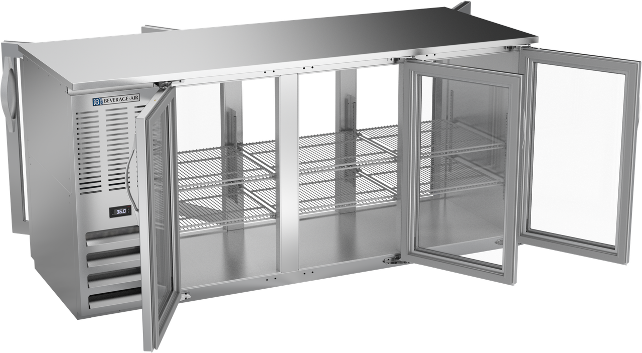 BBN72HC-FG-PT-S | 72" Narrow Depth Glass Doors Food Rated Pass-thru Back Bar in Stainless Steel